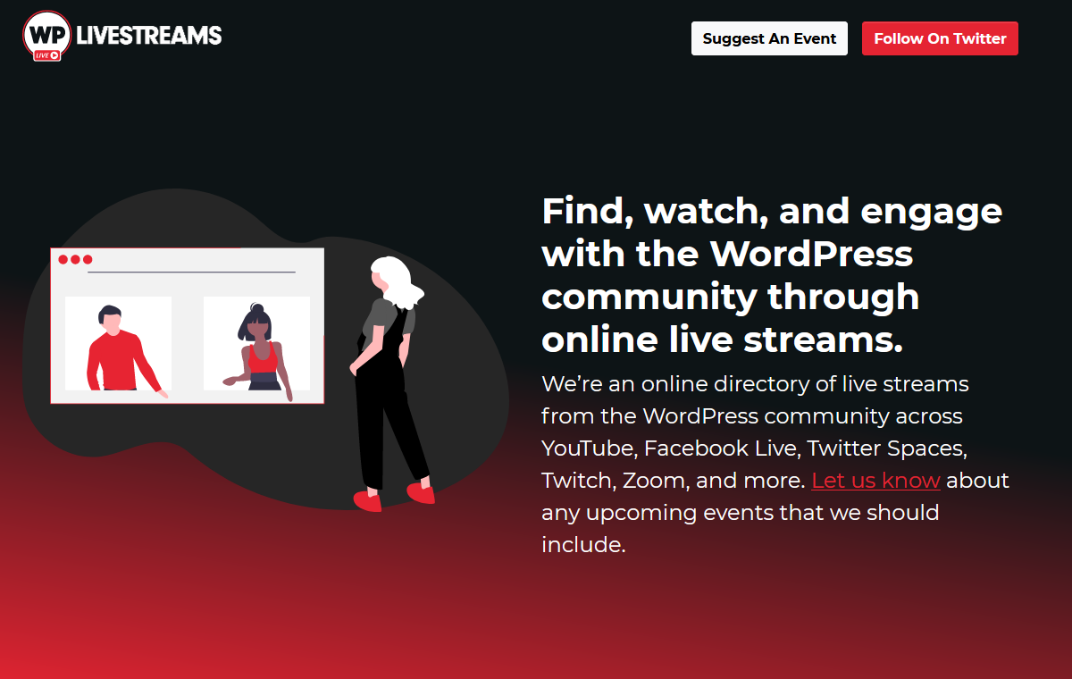 WP Livestreams homepage: find, watch, and engage with the WordPress community through online live streams.